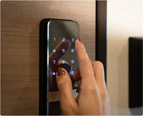 Keypad access control lock installed on a commercial door